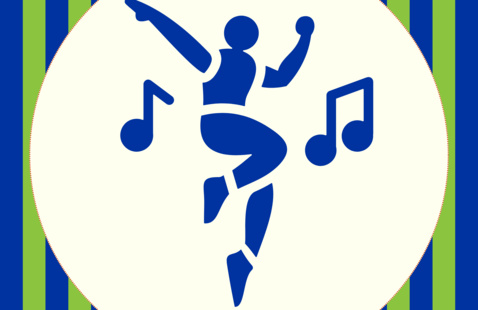 Clip art image of person dancing on a cream background with green and blue stripes and music notes.