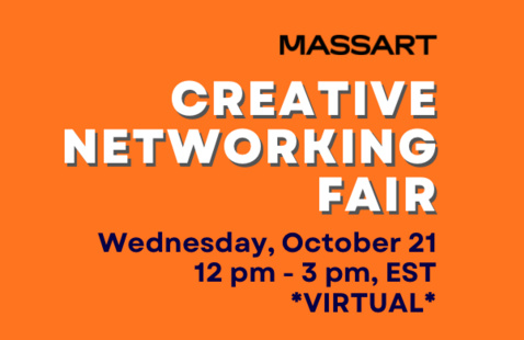Orange image with white large text with title Creative Networking Fair and blue text with the date Wednesday, October 21 from 12-3 PM Virtual