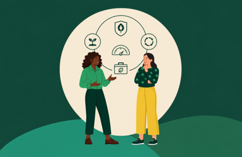 Two cartoon-looking people in an illustration with a brainstorming circle behind them. 