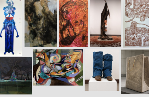 Ten artworks: blue humanoid print; dark and red abstracts; hanging black sculpture; denim-leg and concrete-bag sculptures
