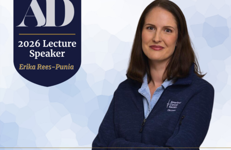 Photo of speaker Dr. Erika Rees-Punia on a blue and white background with a blue banner with white text stating "AD 2026 Lecture Speaker Erika Rees-Punia