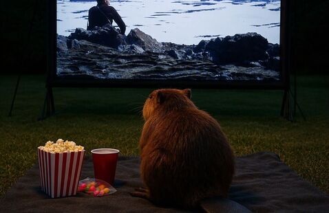 AI-generated beaver sitting on a blanket under the night stars with popcorn, soda and candy, watching movie screen with an image of a man sitting on a mountain top gazing at a glacier field below.