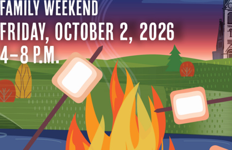 "POND FIRE - CAMPUS POND FIRE PITS - FAMILY WEEKEND FRIDAY, OCTOBER 2, 2026 4–8 P.M" with illustration marshmallow roasting by pond