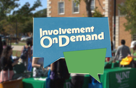 An image of an event in the library mall, overlaid with a green speech bubble and a blue speech bubble with the words "Involvement on Demand".