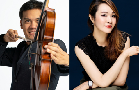 Violinist drawing bow across violin on white background; seated woman in black lace top poses against dark blue background.