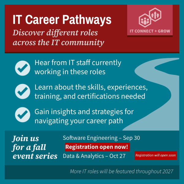 IT Career Pathways Software Engineering promotional graphic that lists expectations for the event on September 30, 2026. Registration is now open.