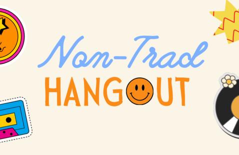 The text "Non-Trad Hangout" with a smiley face in the O of "Hangout". The background is an off-white with a record, cassette, and various other objects.