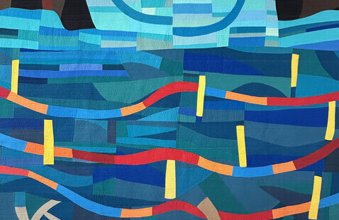 A multicolored abstract two-dimensional artwork representing the ocean