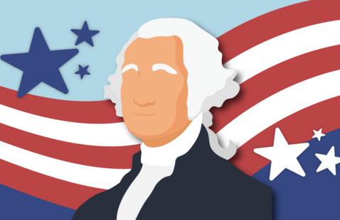 Illustration of George Washington with red and white stripes and blue stars behind him.