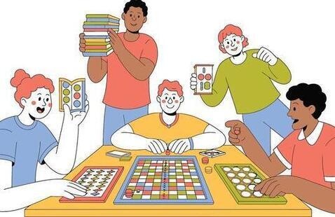Colorful cartoon illustration of excited people playing board games.