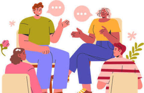 Colorful cartoon illustration of people sitting around in armchairs talking to each other.