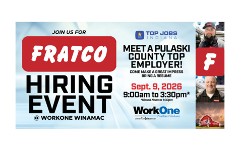  image of sign saying Fratco Hiring Event Meet Pulaski County Top Employer September 9