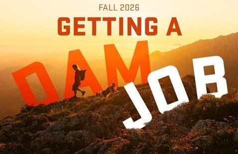 Text: Getting a dam job, over an AI-generated image of a person hiking a hillside. 