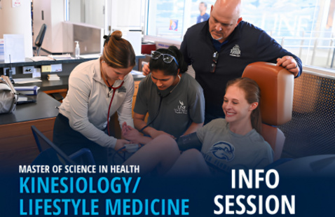 Four people in a medical office with text Master of Science in Health Kinesiology/Lifestyle Medicine Info Session