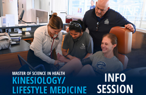 Four people in a medical office with text Master of Science in Health Kinesiology/Lifestyle Medicine Info Session