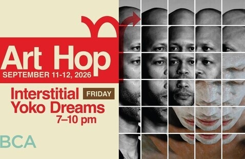 Art Hop Interstitial Yoko Dreams with grid of photos that make up a mosaic of a man's face 