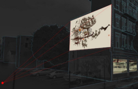 Nighttime outdoor projection on large screen mounted on building façade, projector on street casting red guide beams.