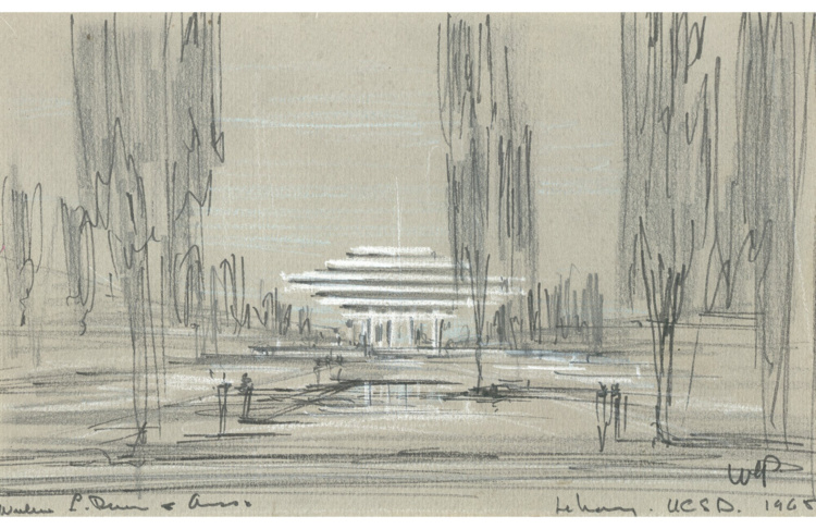 Architectural rendering (sketch) of UC San Diego Central University Library by William L. Pereira and Associates.