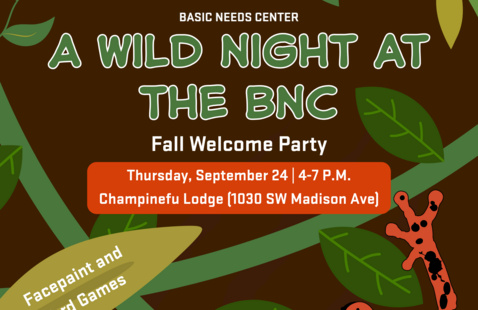 A poster with leaves on it with event info for A Wild Night at The BNC Fall Welcome Party.