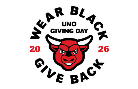 Centered red bull mascot with horns surrounded by text: WEAR BLACK, UNO GIVING DAY, GIVE BACK, 2026