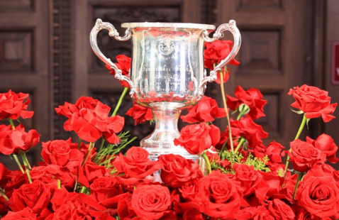 trophy surrounded by roses