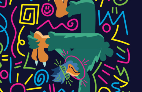 Scrappy dancing with neon shapes surrounding him.