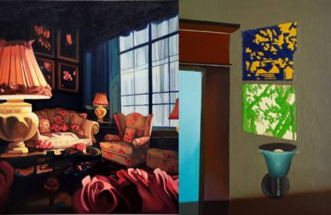 Split image of a warmly lit floral living room and a gray-green wall with abstract paintings above a turquoise vase.