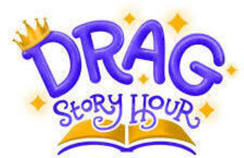 Purple text reads "Drag Story Hour" in front of an open book and gold stars.