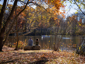 People canoe on Upper Lake, a family sit on a rock taking in the view.