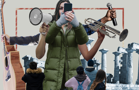 A collage of people gathering outside. Arms holding a megaphone, a microphone, a trumpet and a cell phone