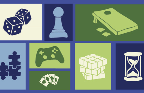 Many different game pieces and iconography on a checkered background