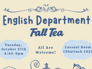 English Department Fall Tea poster, featuring drawings of an old-fashioned typewriter, a china teapot, and two leatherbound books.