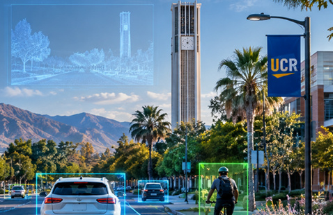 Futuristic UCR campus street with AI tracking overlays around a car and cyclist, framed by palms, clock tower, blue skies, and mountains.
