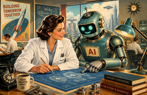 AI created of AI in the STEM workplace stylized like a 1950's advertisement