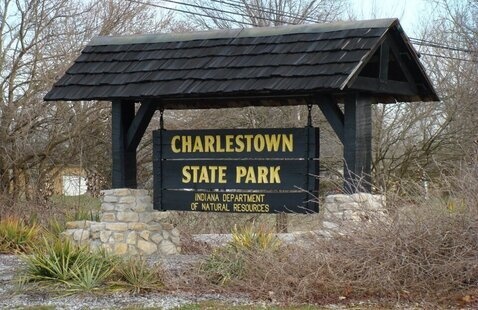 Sign reading " Charlestown State Park Indiana Department of Natural Resources"