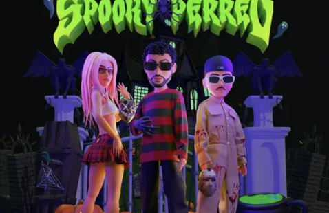 three 3d figures in halloween costumes stand in front of a cartoon graveyard