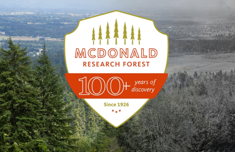 100 years of the McDonald Research Forest text over photos of the forest. 