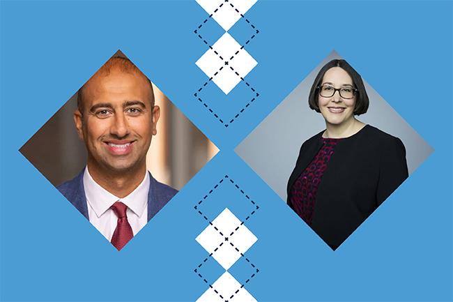 Carolina Blue argyle-patterned graphic with diamond-shaped photos of Saif Khairat and Kendell Timmers.