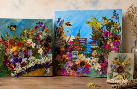 Three pieces of artwork using dried, pressed flowers.