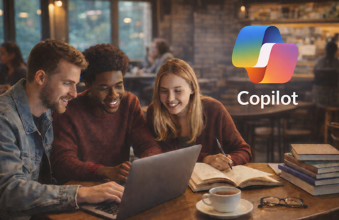 AI-generated image of three people gathered around a table with the Copilot logo hovering above.