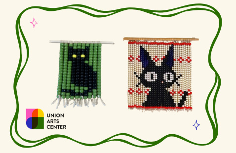 Two pony bead tapestries. The words "Union Arts Center" sit on the bottom left.