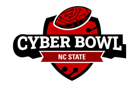 Logo for Cyber Bowl NC State over a red shield and a football with digital lines