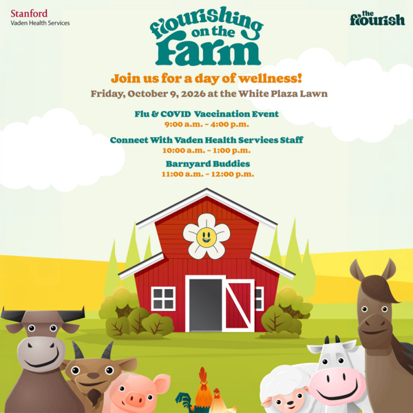Photo of a red barn with a white The Flourish flower logo on the top and farm animals on the bottom advertising Flourishing on the Farm event on October 10, 2025 in White Plaza Lawn.