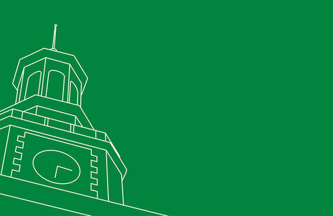 White line art of McConnell tower on a green background.