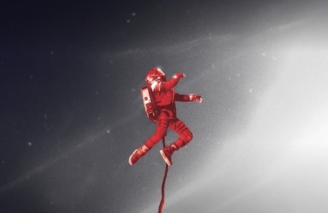 person in a space suit floating toward a light