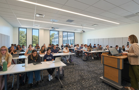 instructor leading a class in a classroom in Tulloch Business Building
