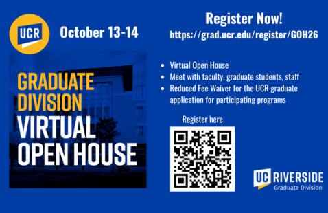 Announcement of 2026 Graduate Division Virtual Open house with QR code for registration