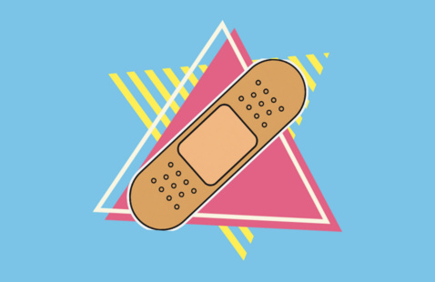 Bandage on top of white, pink, and yellow triangles with a light blue background.