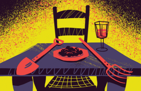 A table and chair with gardening tools and food set on top against a yellow background