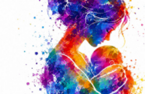 Image of a woman holding a baby, representing cesarean delivery, invitation with QR code to attend the National Academy of Medicine Virtual Forum II: Maternal Safety: The Future of Cesarean Delivery